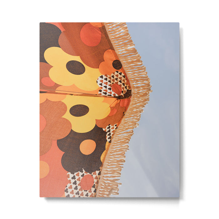 Retro Floral Beach Umbrella with Fringe Against Clear Sky Metal Print Gallery Image 1