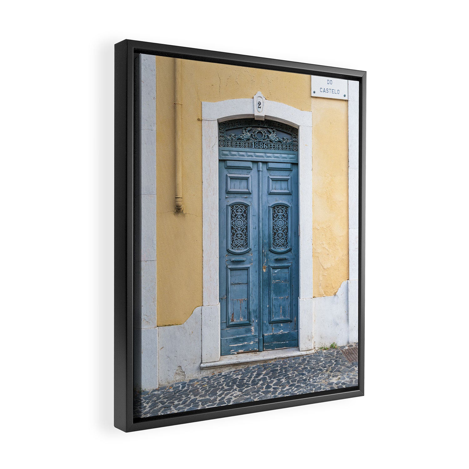 The blue door number 2 in Lisbon Portugal  Summer street and travel photography Framed Canvas Print Gallery Image 2