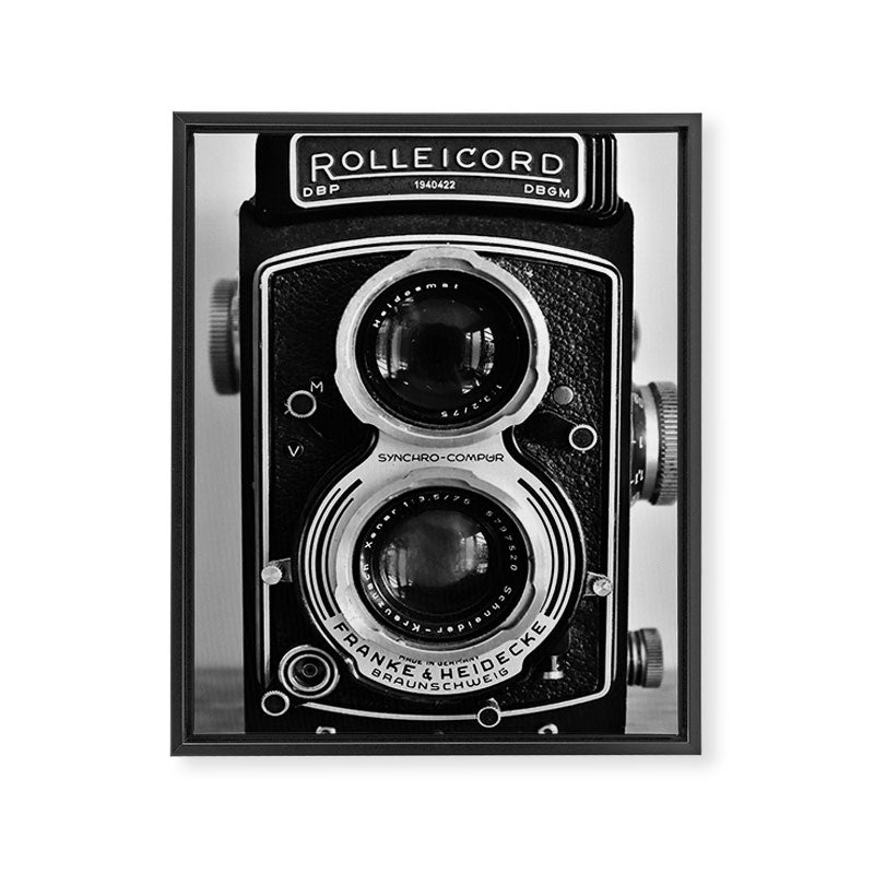 Vintage photograph camera art print- black and white retro rolleicord - film photography Framed Canvas Print Gallery Image 3