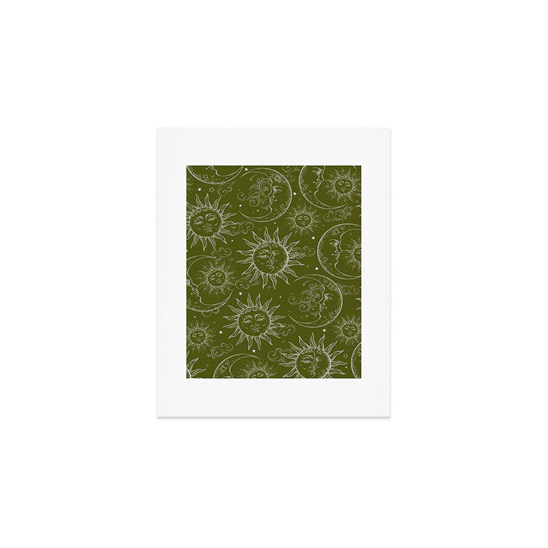 Olive Green Celestial Magic Sun Moon Stars Art Print Gallery Image 1