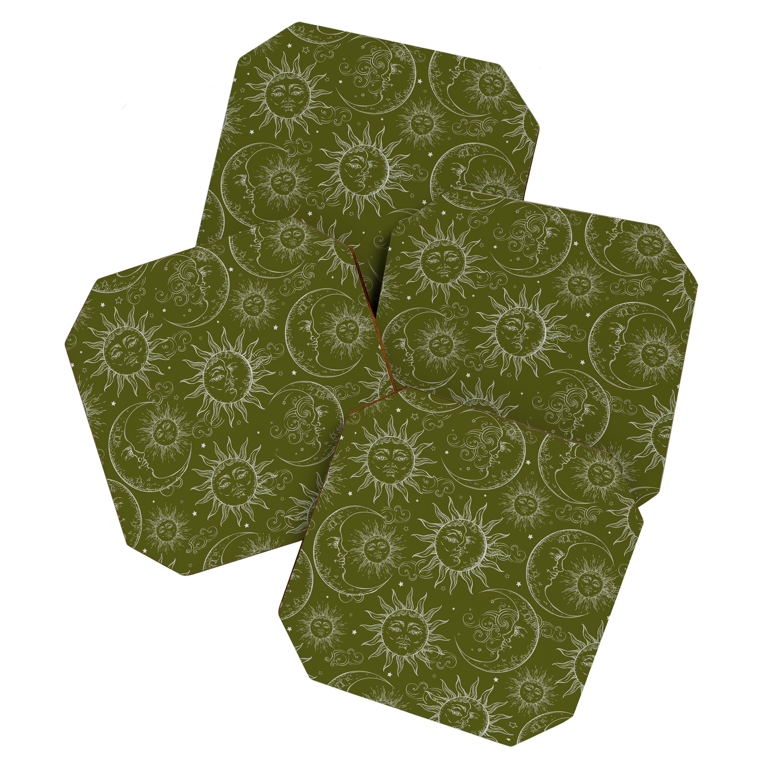 Olive Green Celestial Magic Sun Moon Stars Coaster Gallery Image 1