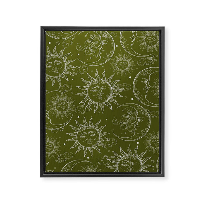 Olive Green Celestial Magic Sun Moon Stars Framed Canvas Print Gallery Image 1