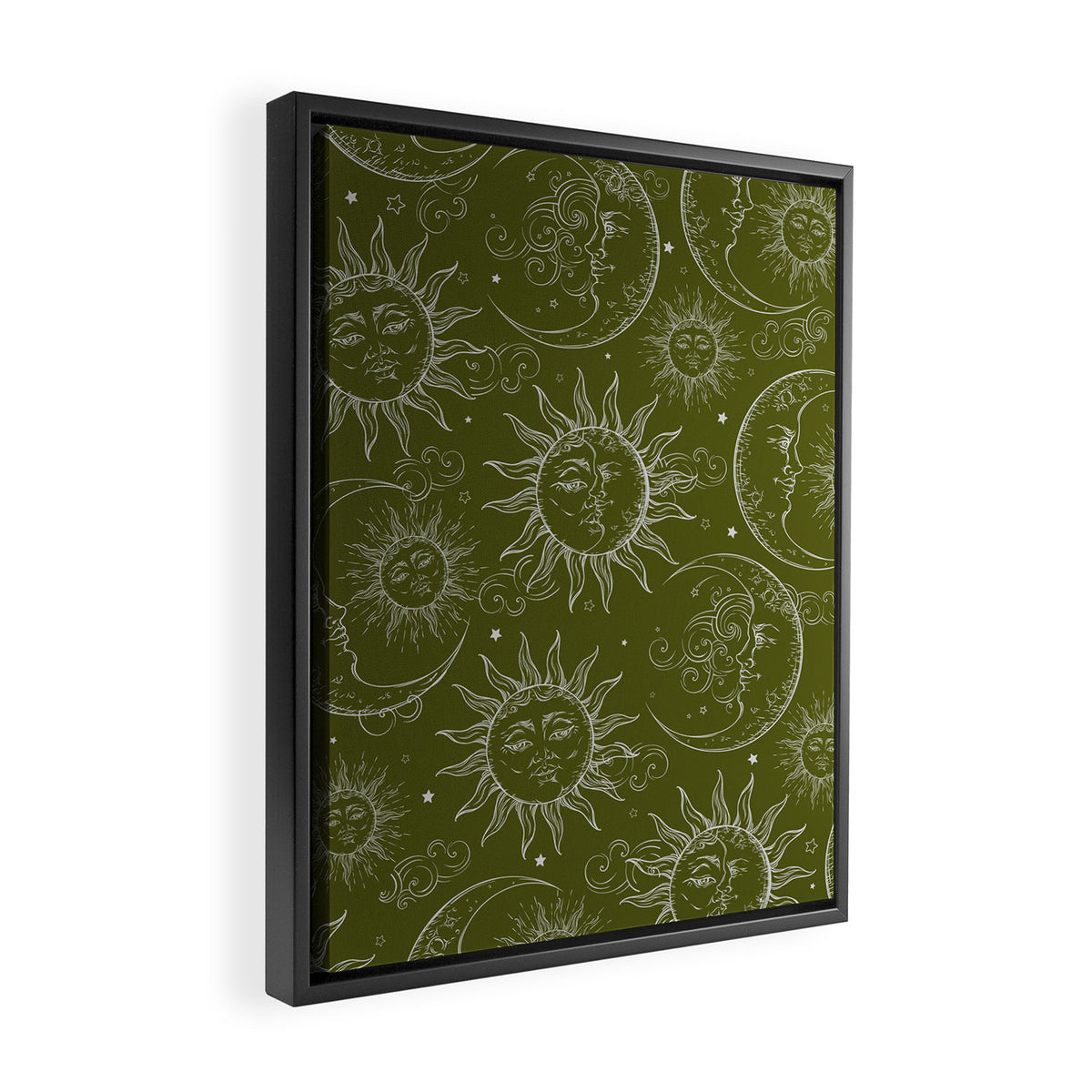 Olive Green Celestial Magic Sun Moon Stars Framed Canvas Print Gallery Image 2