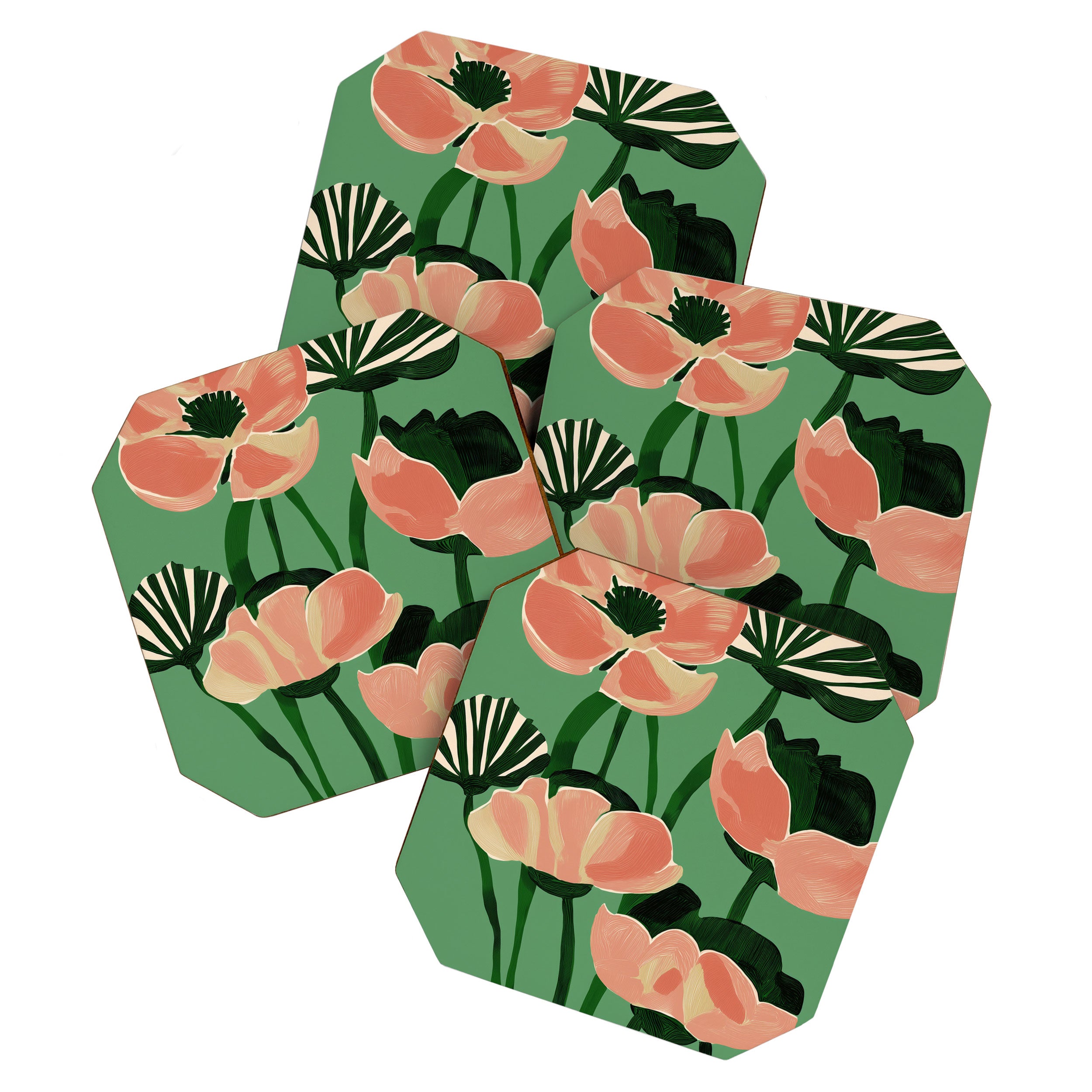 Coral Poppies on Green Coaster Gallery Image 1