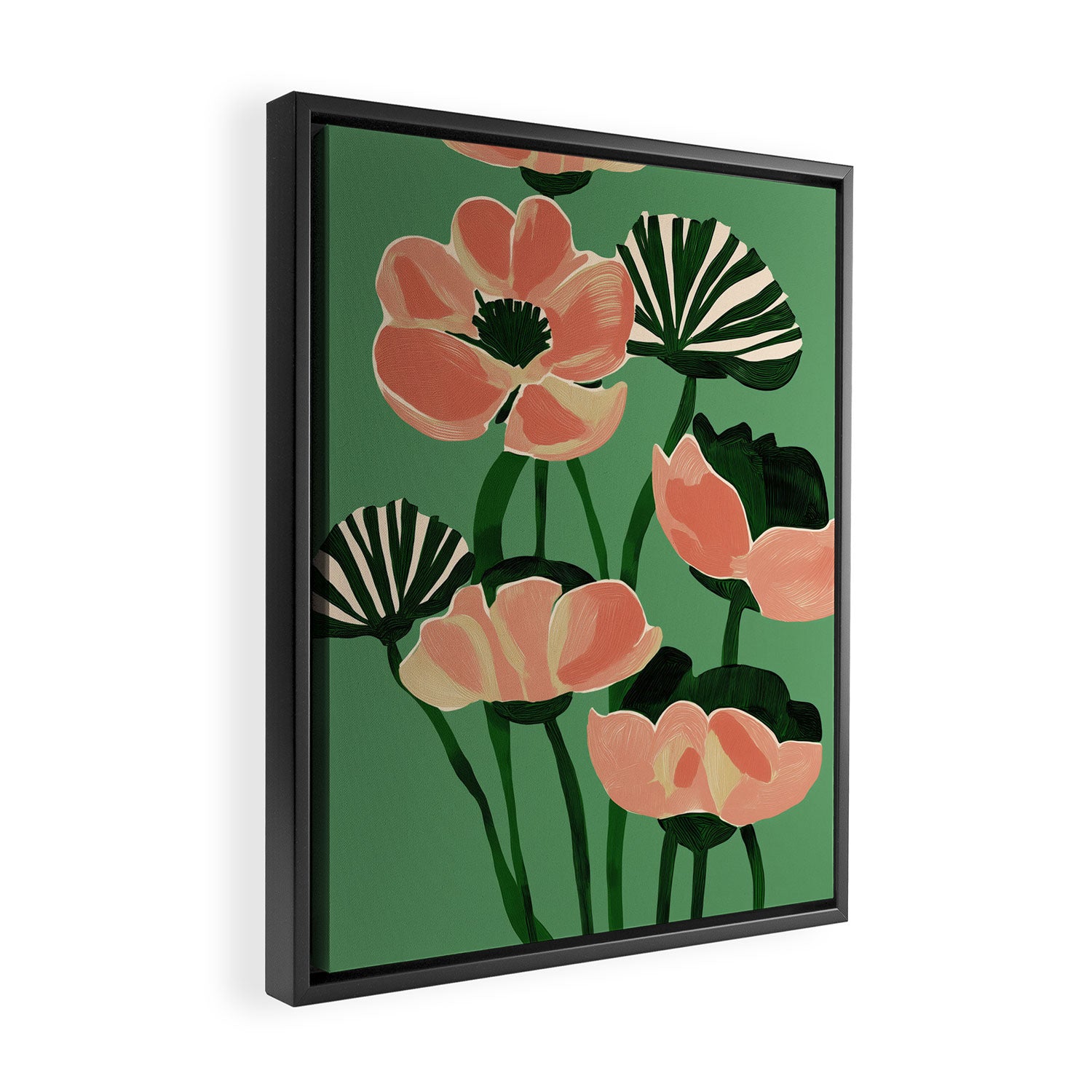Coral Poppies on Green Framed Canvas Print Gallery Image 2