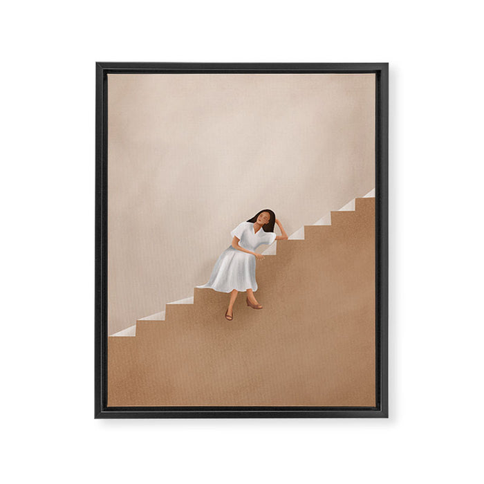 Girl Thinking on a Stairway Framed Canvas Print Gallery Image 1
