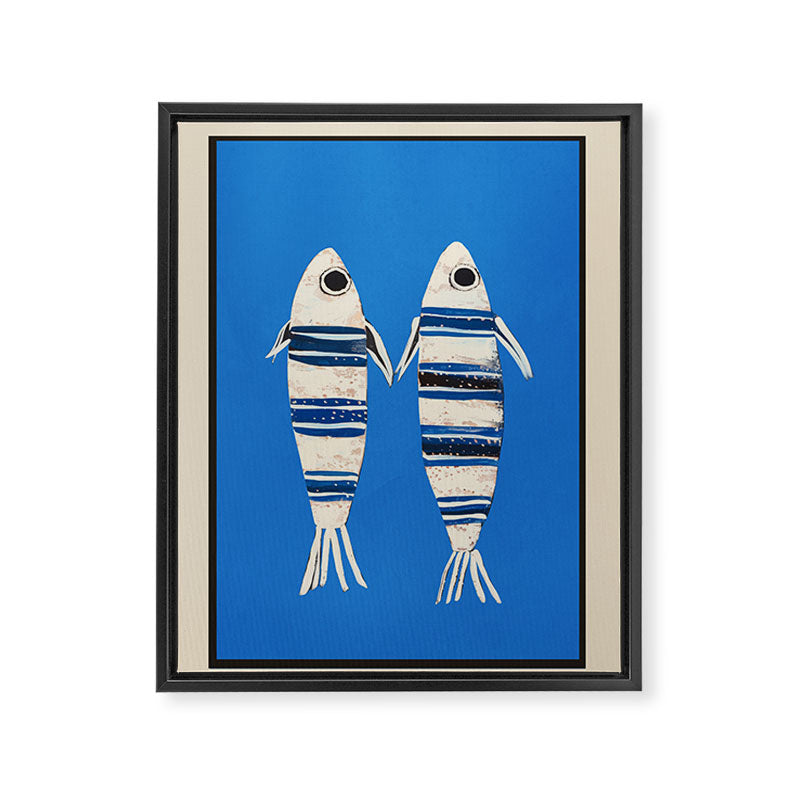 Minimal Fish on Blue Framed Canvas Print Gallery Image 6