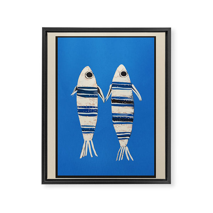 Minimal Fish on Blue Framed Canvas Print Gallery Image 1