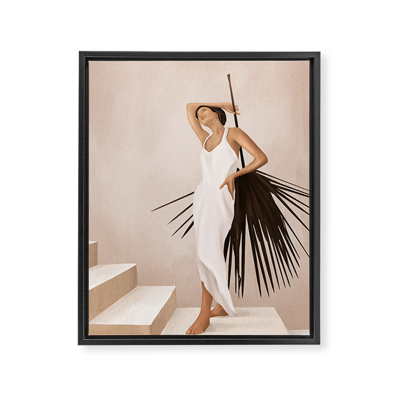 Minimal Woman with a Palm Leaf Framed Canvas Print Gallery Image 6