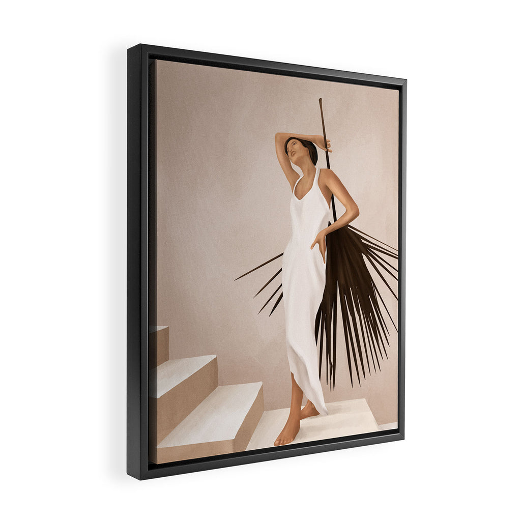 Minimal Woman with a Palm Leaf Framed Canvas Print Gallery Image 2