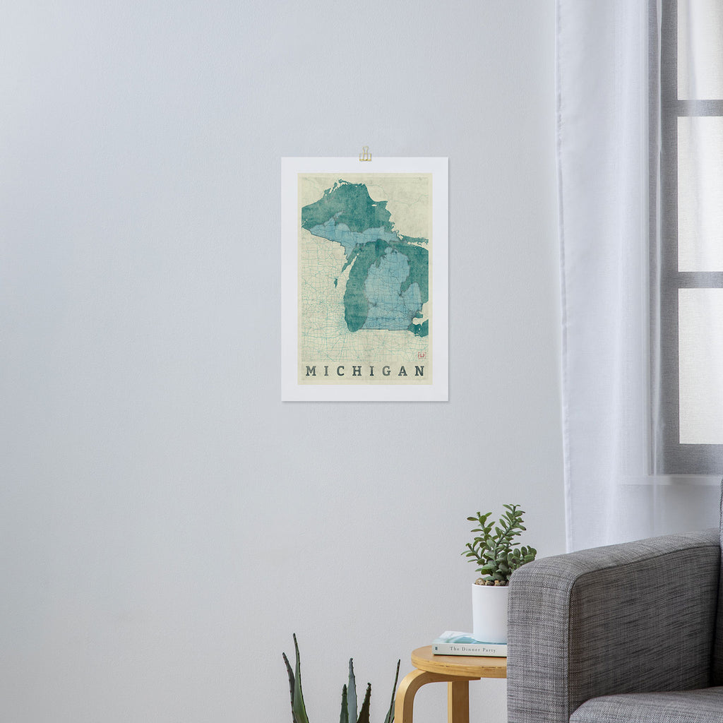 Michigan State Map Blue Vintage Art Print Gallery Image 3