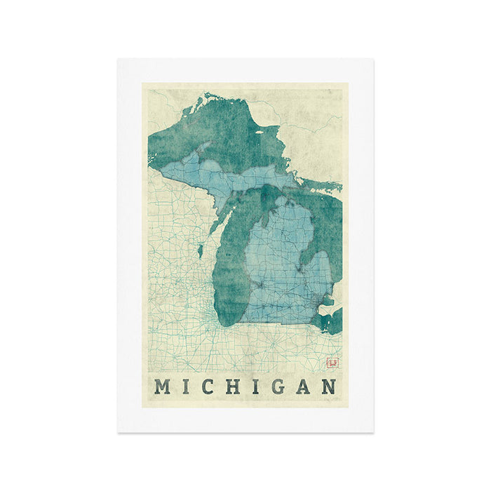 Michigan State Map Blue Vintage Art Print Gallery Image 1