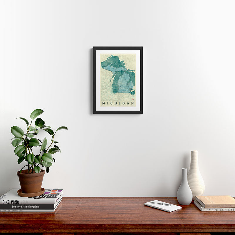 Michigan State Map Blue Vintage Framed Art Print Gallery Image 2