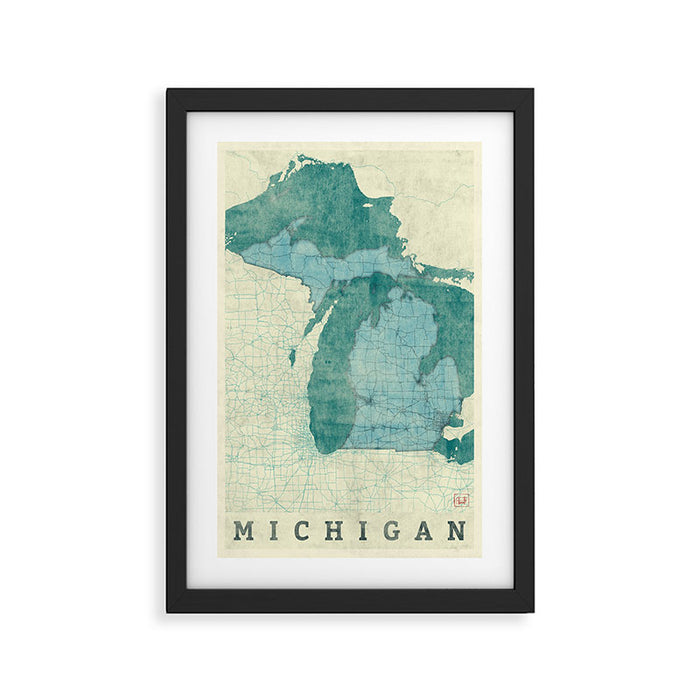 Michigan State Map Blue Vintage Framed Art Print Gallery Image 1