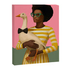 Stylish Woman Holding Goose in Striped Dress Canvas Print Gallery Image 6