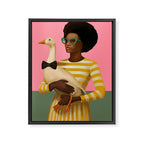 Stylish Woman Holding Goose in Striped Dress Framed Canvas Print Gallery Image 6