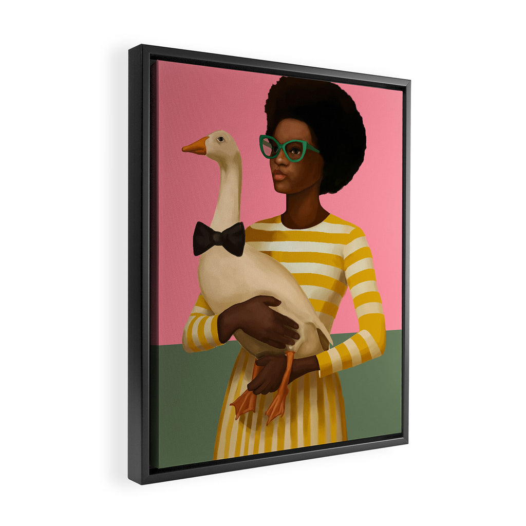 Stylish Woman Holding Goose in Striped Dress Framed Canvas Print Gallery Image 2