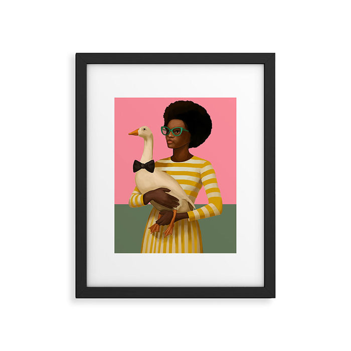 Stylish Woman Holding Goose in Striped Dress Framed Art Print Gallery Image 1