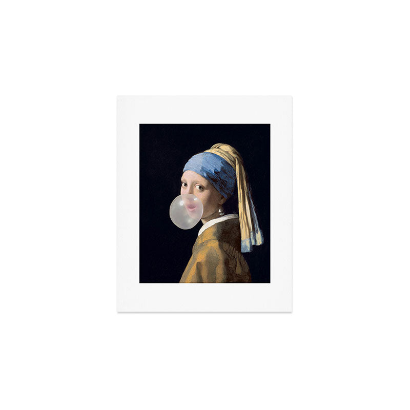 Girl with pearl earring blowing bubble gum Art Print Gallery Image 1