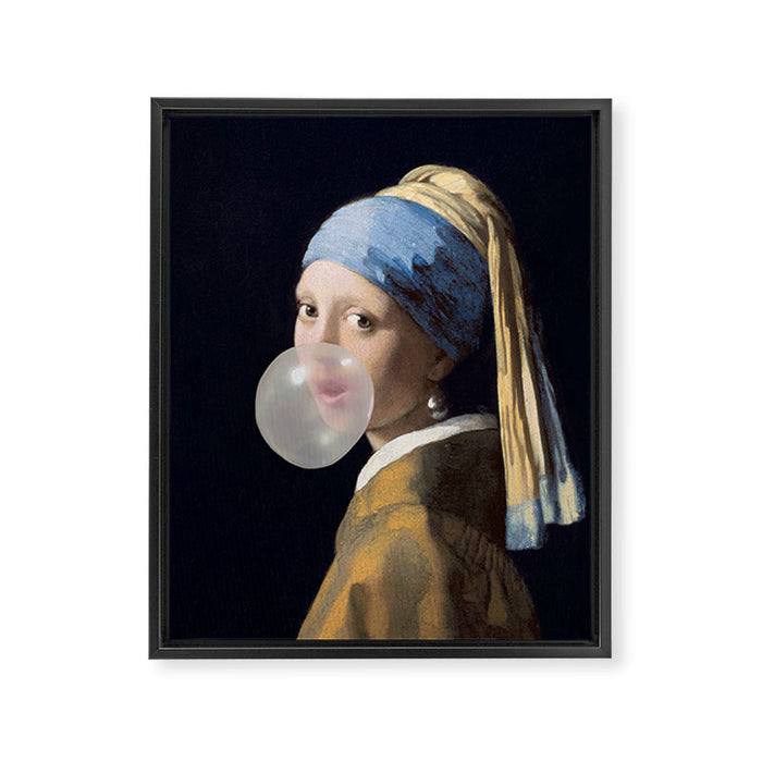 Girl with pearl earring blowing bubble gum Framed Canvas Print Gallery Image 1