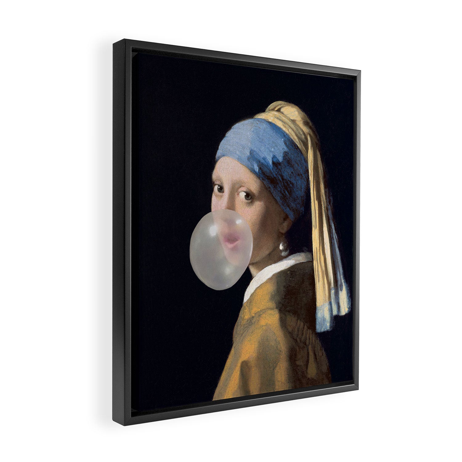 Girl with pearl earring blowing bubble gum Framed Canvas Print Gallery Image 2