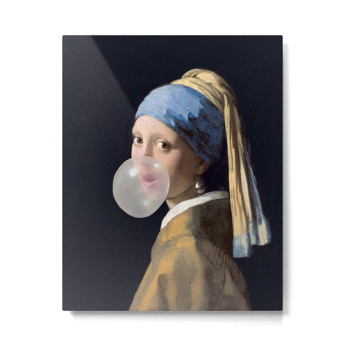 Girl with pearl earring blowing bubble gum Metal Print Gallery Image 1