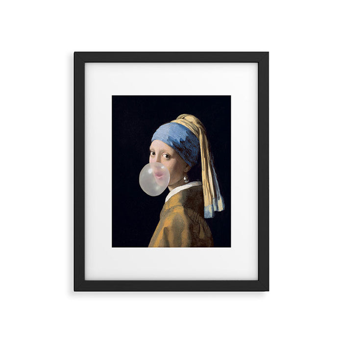 Girl with pearl earring blowing bubble gum Framed Art Print Gallery Image 1