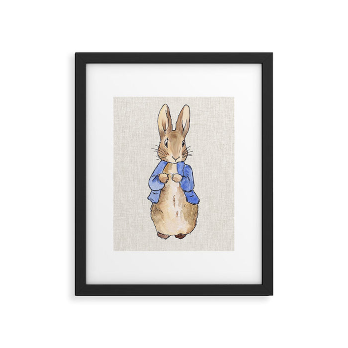 Peter the rabbit beige linen textured background Framed Art Print Gallery Image 1