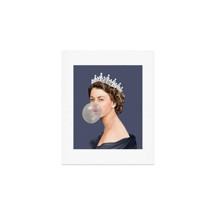 Queen Elizabeth in blue satin blowing a bubble gum Art Print Gallery Image 1