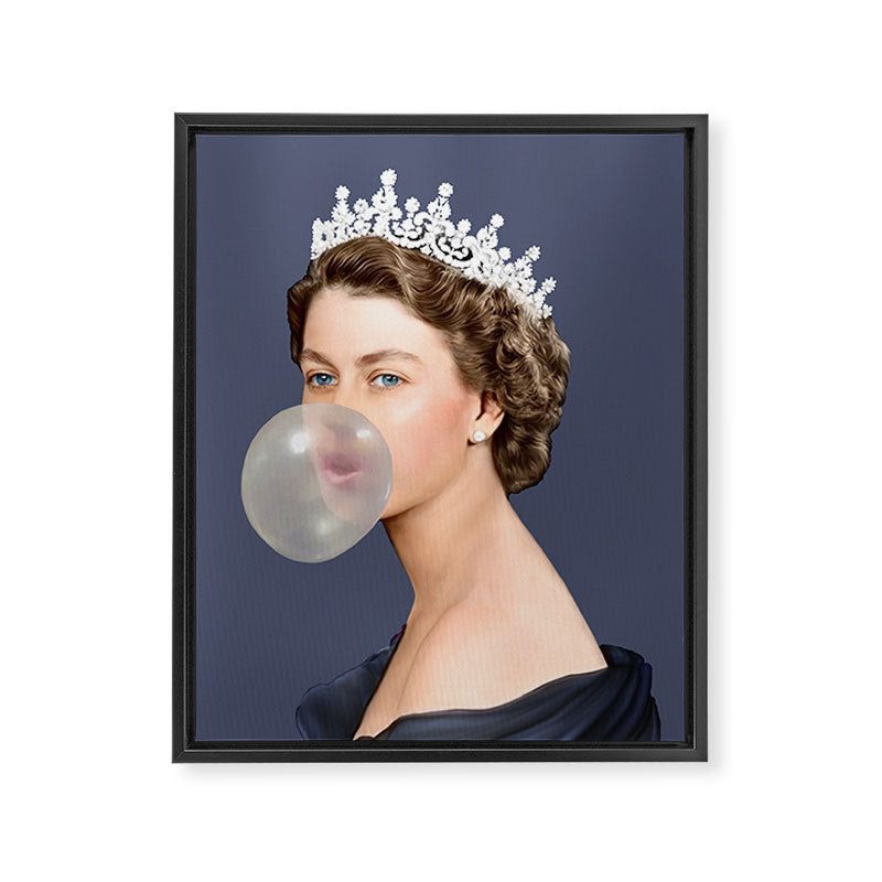 Queen Elizabeth in blue satin blowing a bubble gum Framed Canvas Print Gallery Image 8