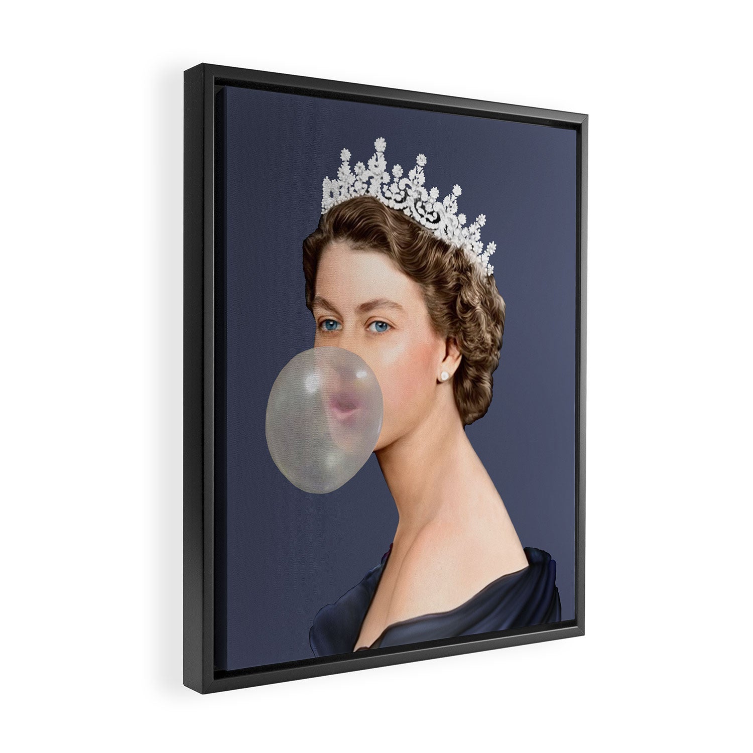 Queen Elizabeth in blue satin blowing a bubble gum Framed Canvas Print Gallery Image 2