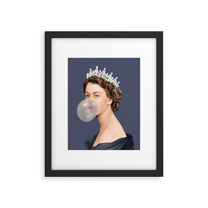 Queen Elizabeth in blue satin blowing a bubble gum Framed Art Print Gallery Image 1