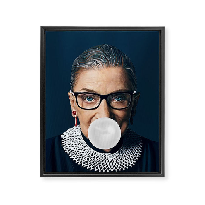 Ruth Bader Ginsburg Blowing White Bubble gum Framed Canvas Print Gallery Image 1