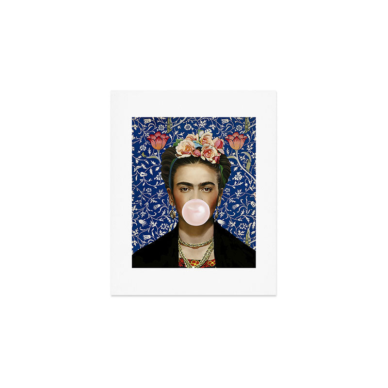 Woman  Blowing a pink Bubble gum with vintage Medway tapestry Art Print Gallery Image 1
