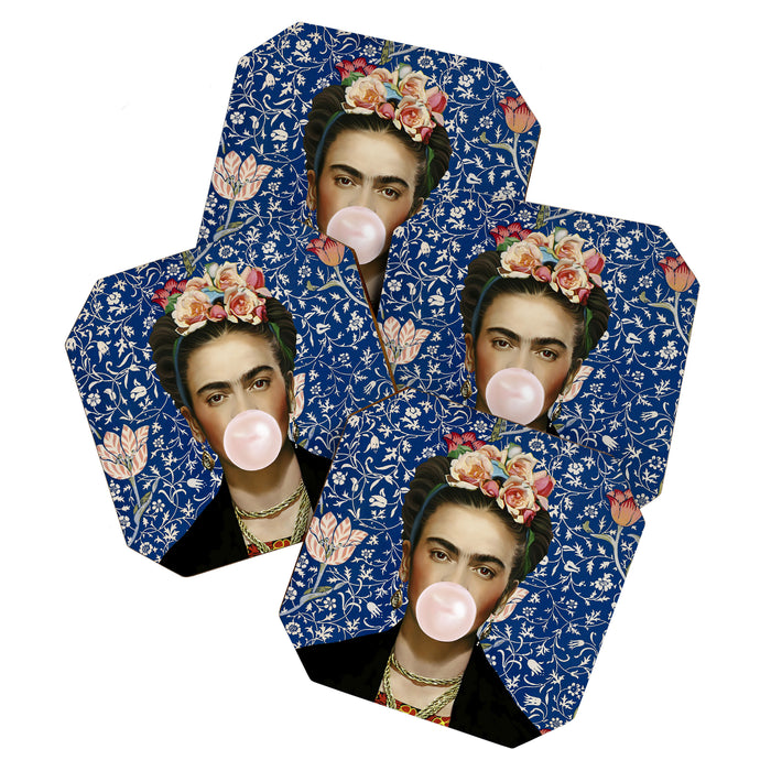 Woman  Blowing a pink Bubble gum with vintage Medway tapestry Coaster Gallery Image 1