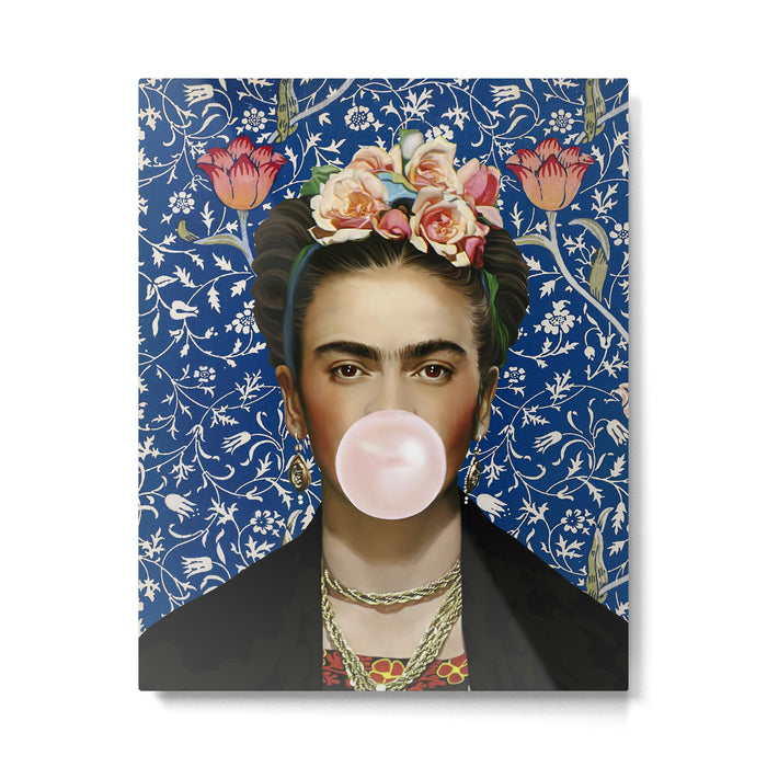 Woman  Blowing a pink Bubble gum with vintage Medway tapestry Metal Print Gallery Image 1