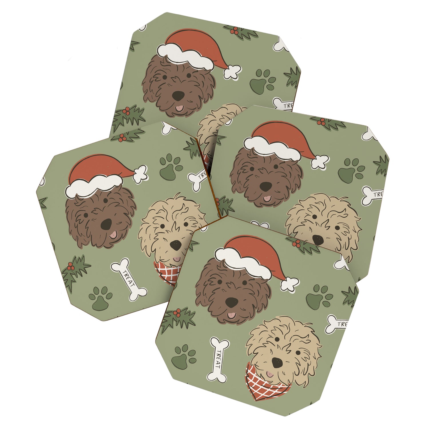 Holiday Doodle Dogs . Tan and Brown Coaster Gallery Image 1