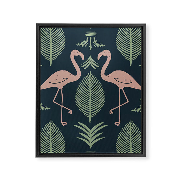Palm Flamingos . Navy Framed Canvas Print Gallery Image 1