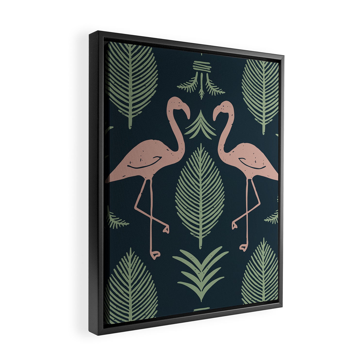 Palm Flamingos . Navy Framed Canvas Print Gallery Image 2