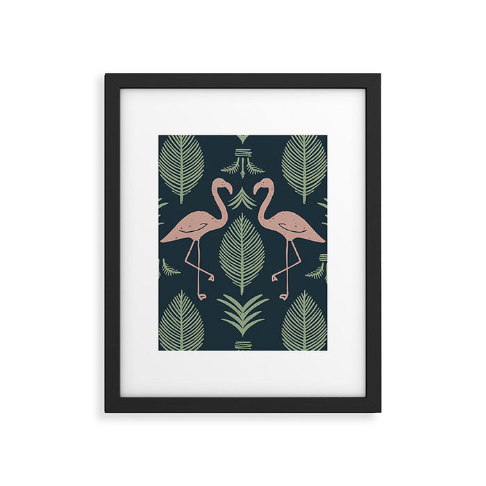 Palm Flamingos . Navy Framed Art Print Gallery Image 1