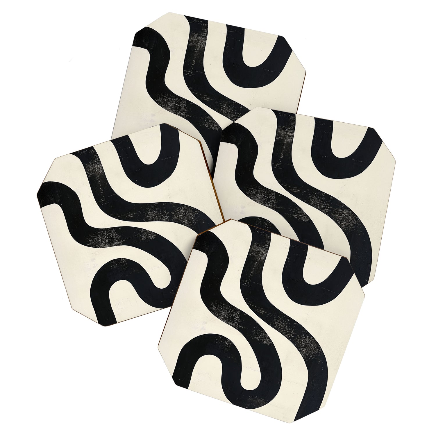 Abstract Minimalist Wavy Brushstrokes Black and White Print Coaster Gallery Image 1