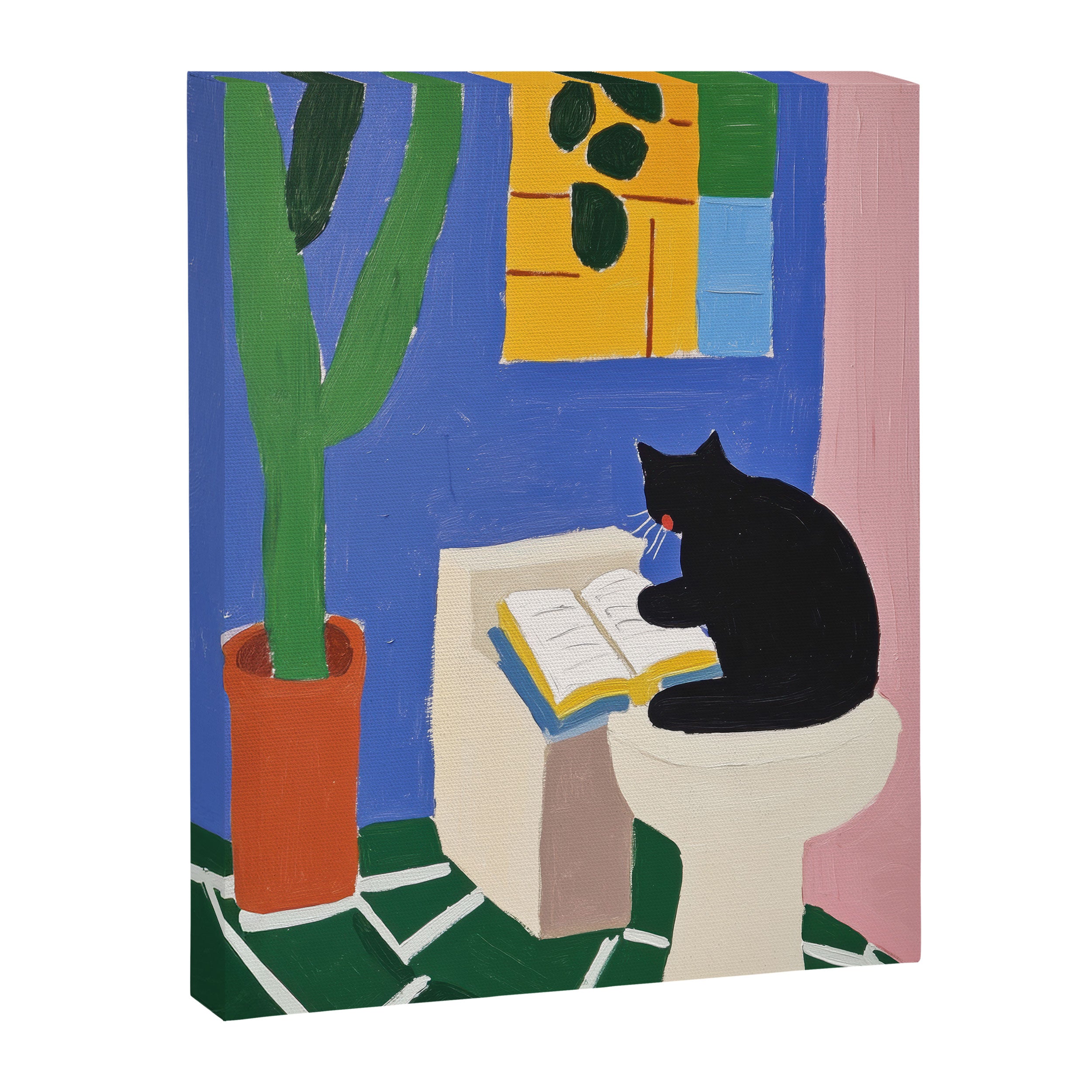 Cat Reading Sitting on the Toilet Colorful Oil Style Painting Canvas Print Gallery Image 6