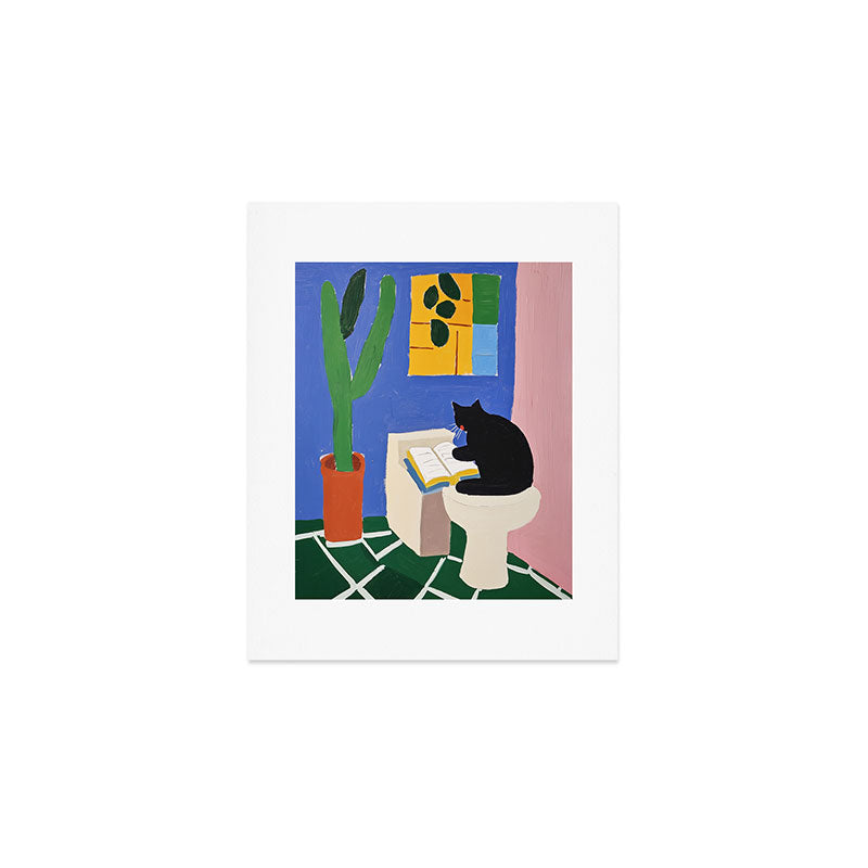 Cat Reading Sitting on the Toilet Colorful Oil Style Painting Art Print Gallery Image 1