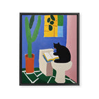Cat Reading Sitting on the Toilet Colorful Oil Style Painting Framed Canvas Print Gallery Image 6