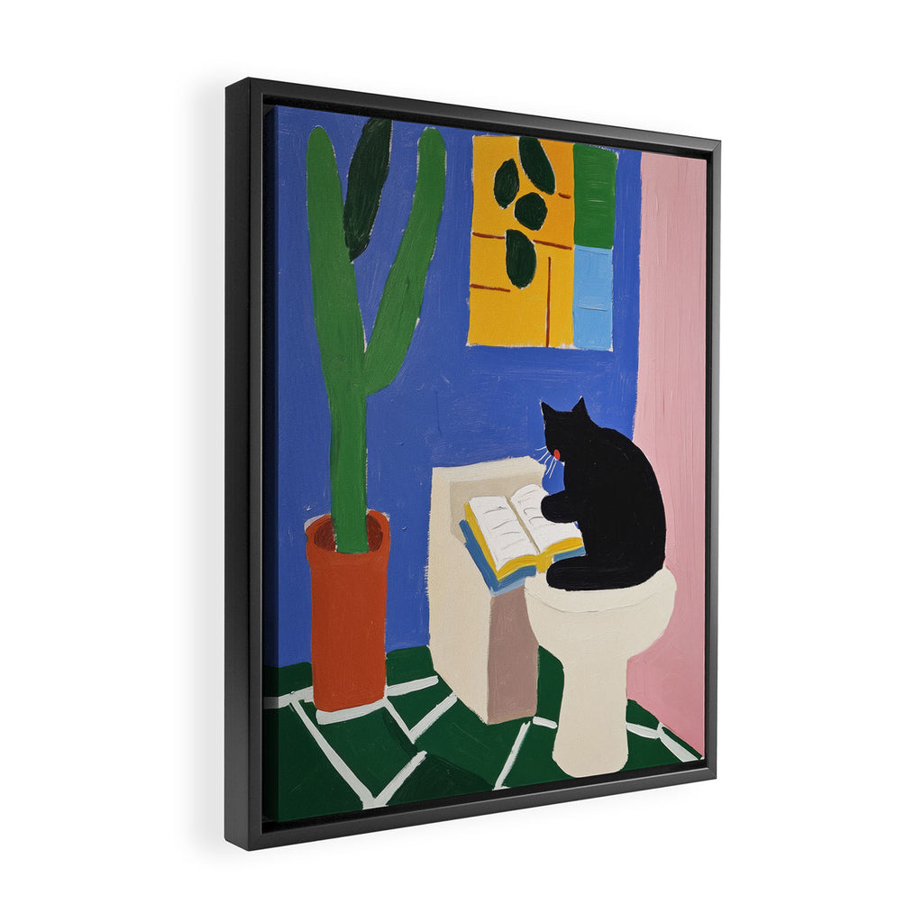 Cat Reading Sitting on the Toilet Colorful Oil Style Painting Framed Canvas Print Gallery Image 2