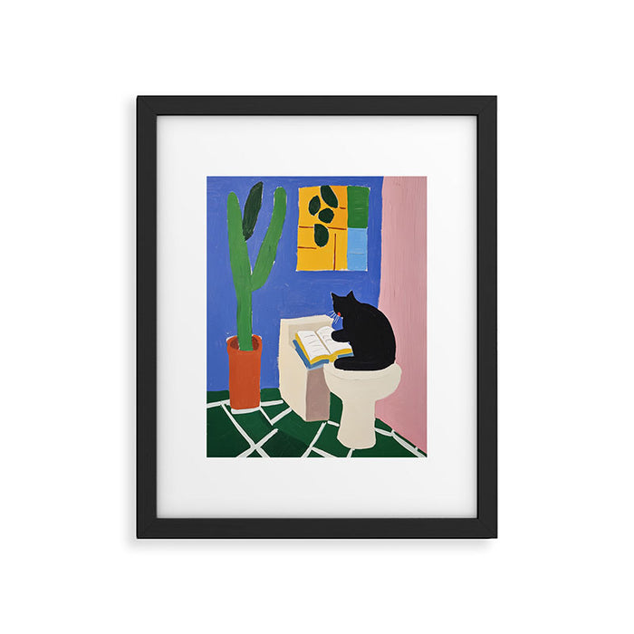 Cat Reading Sitting on the Toilet Colorful Oil Style Painting Framed Art Print Gallery Image 1