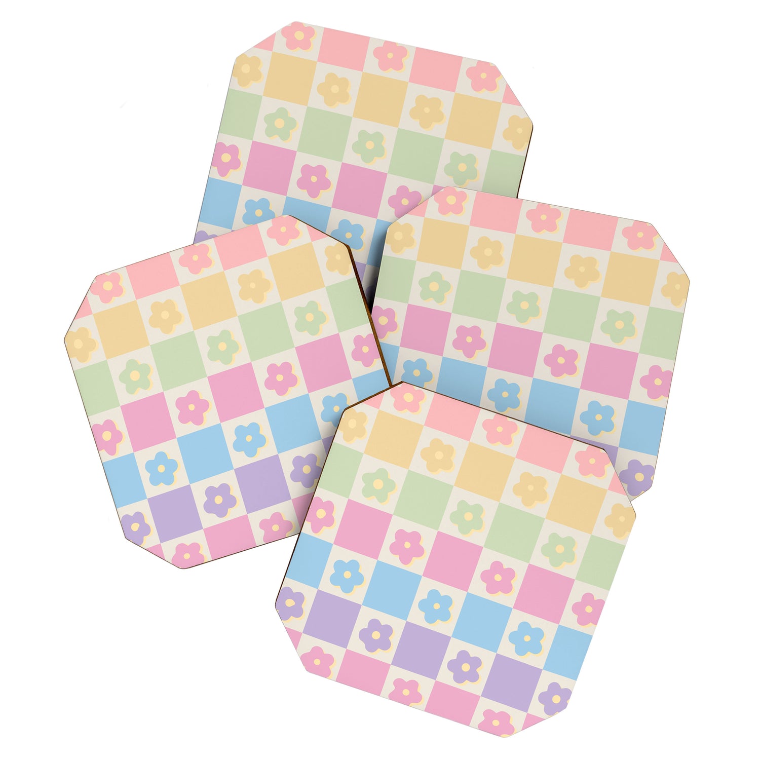 Checkered Flower Power Danish Pastel Rainbow Tones Coaster Gallery Image 1