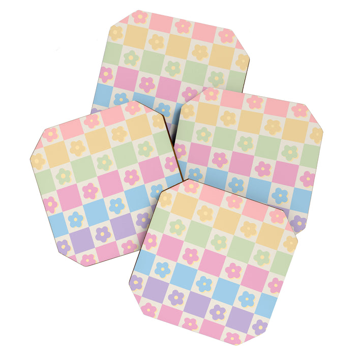 Checkered Flower Power Danish Pastel Rainbow Tones Coaster Gallery Image 1