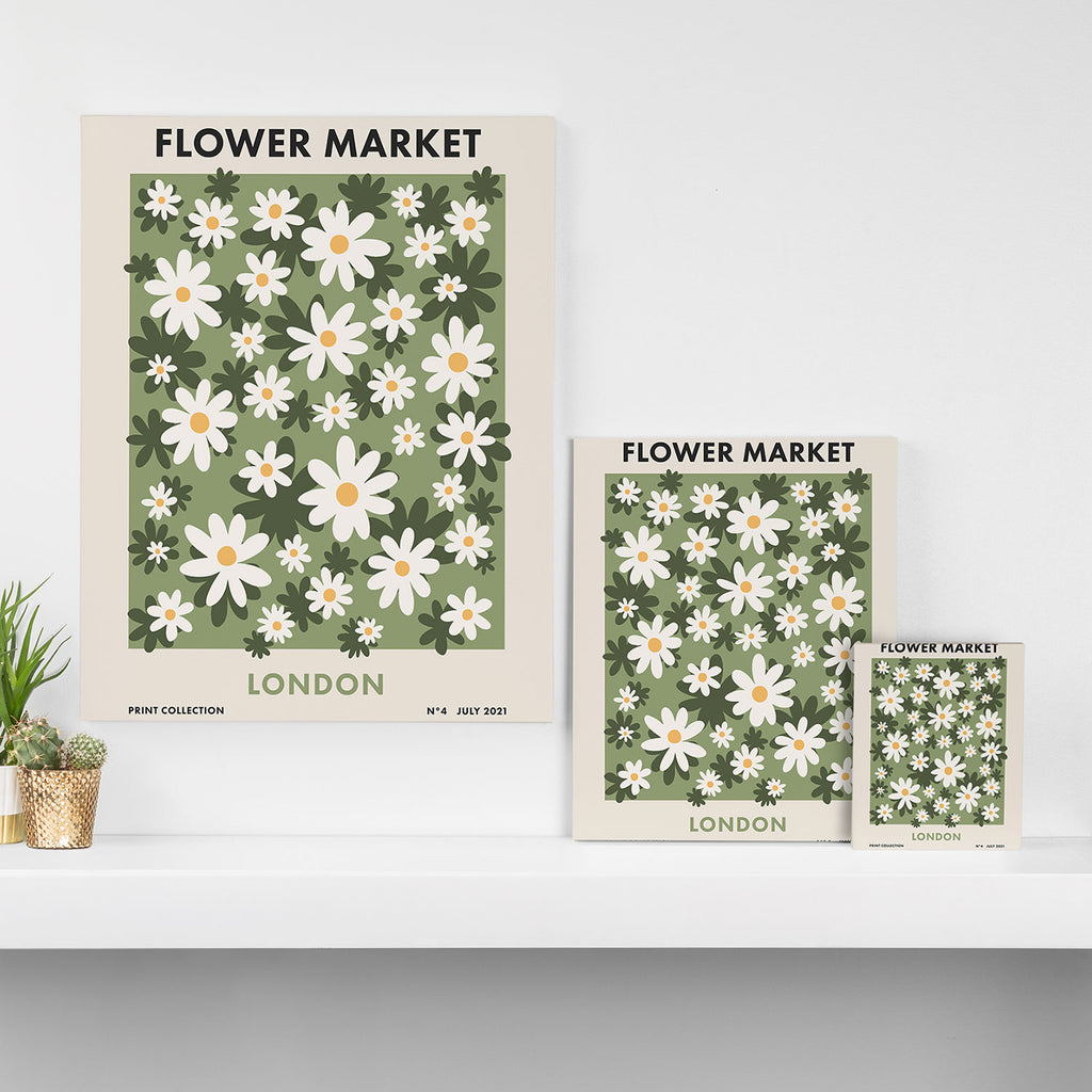 Flower Market London, Retro Daisies  Print, Green Ditsy Pattern Canvas Print Gallery Image 3