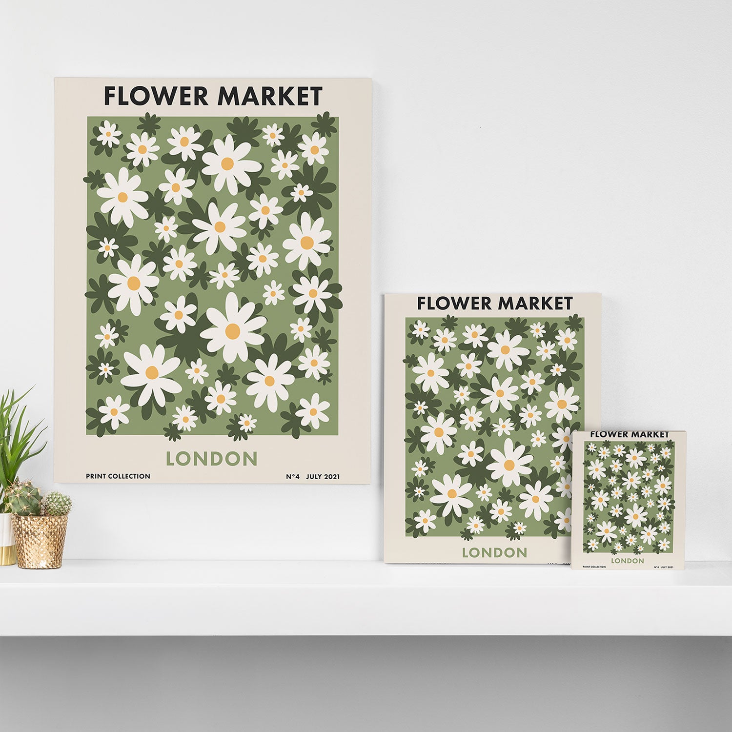 Flower Market London, Retro Daisies  Print, Green Ditsy Pattern Canvas Print Gallery Image 3